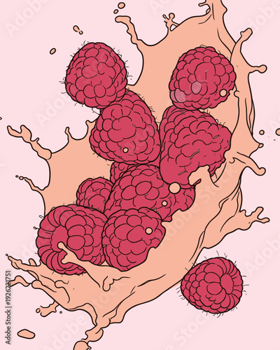 Raspberries jump out of a creamy liquid creating splashes and droplets against a light pink background in daylight.