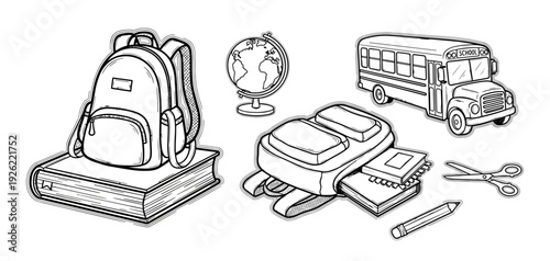 Back to School Hand Drawn Illustration Set with Backpack Bus Globe and Supplies Line Art