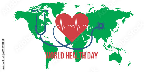 An illustration celebrating world health day, featuring a red heart with a heartbeat line and a stethoscope placed over a green world map Vector, illustration