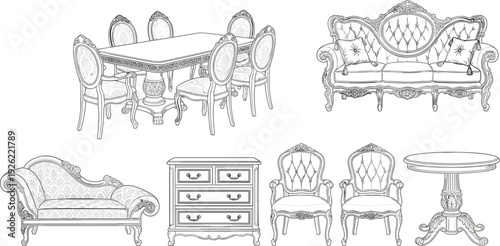 Luxury vintage furniture set vector illustration, classic baroque sofa dining table chairs and cabinet isolated on white