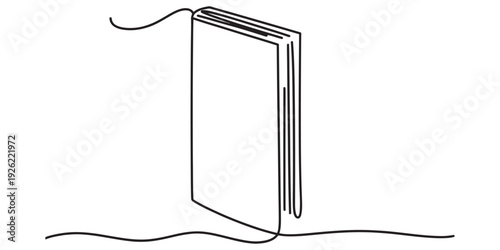 Single continuous line drawing of a closed book standing upright on a surface. Vector, illustration