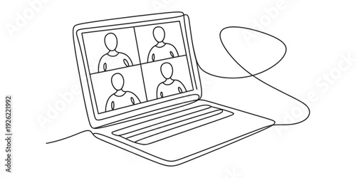 A minimalist line drawing illustration depicting a video conference call on a laptop screen with four participants. Vector, illustration