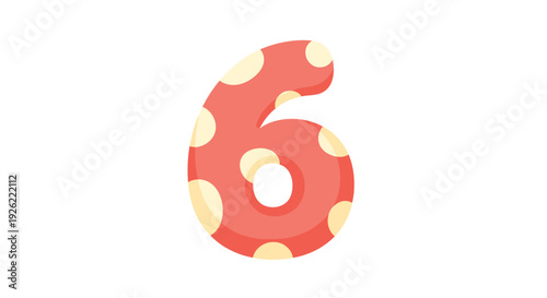 Cute and bubbly number six with a fun red and cream polka dot pattern, isolated on a white background for educational use.