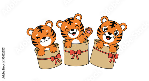Adorable illustration of three cute cartoon tiger cubs peeking out of gift bags with red bows, perfect for new year celebrations.