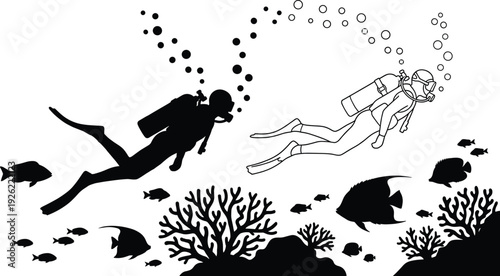 Scuba divers swimming with tropical fish underwater, black and white silhouette marine life scene featuring coral reef, ocean exploration adventure illustration for deep sea diving concept