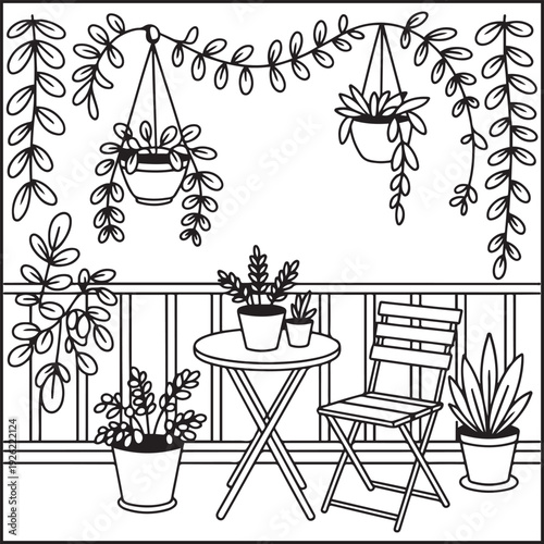Balcony Garden Hanging Planters Coloring Page – Small Plants Illustration for Kids & Adult, Icon, Vector, Graphic Design, Hand-Drawn Coloring Book