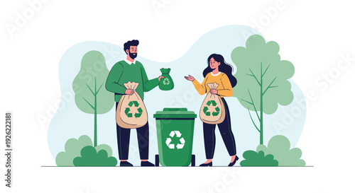 Man and woman working together to protect the environment by collecting trash in bags and putting it in a green recycling bin.