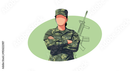 Faceless portrait of a strong female soldier in camouflage uniform with her arms crossed, with an outline of a rifle behind her.