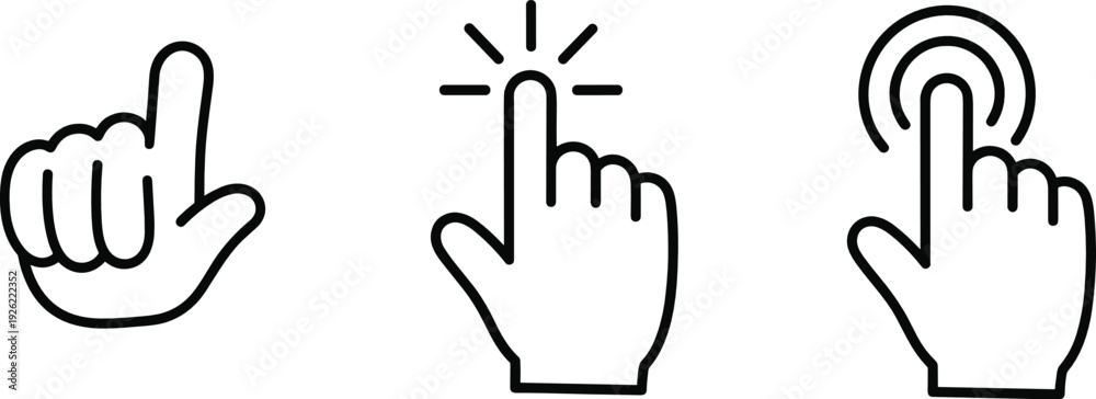 Fototapeta premium Hand Gesture Tap and Touch Icons Set with Finger Press Click and Pointing Outline Vector Illustration