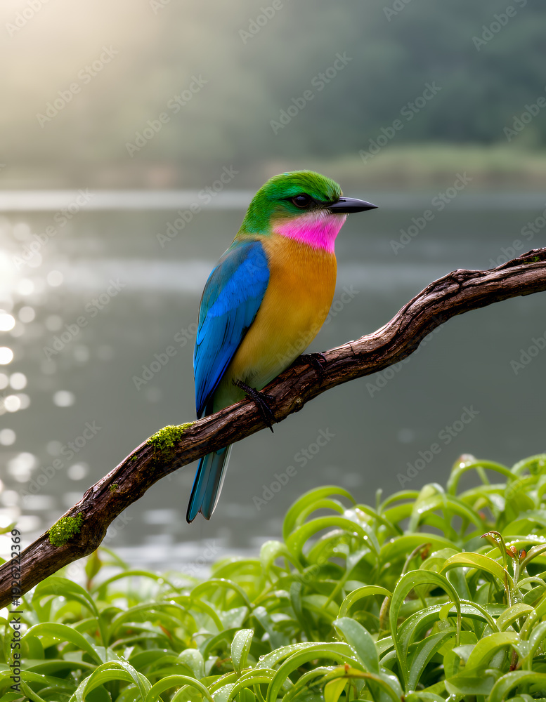 Fototapeta premium Colorful Tropical Bird Perched On A Branch With A Sparkling Lake Background, Vibrant Nature Scene