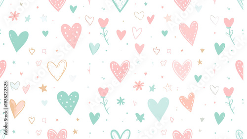 Hand Drawn Heart Seamless Pattern with Cute Love Doodle Shapes Vector Background for Valentine, Wedding and Romantic Design