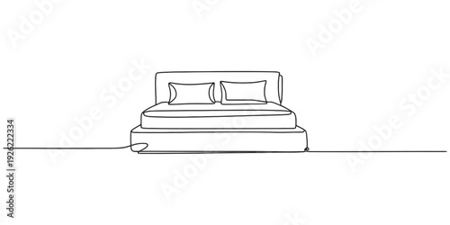 Single continuous line drawing of a comfortable double bed with pillows and headboard. Vector, illustration