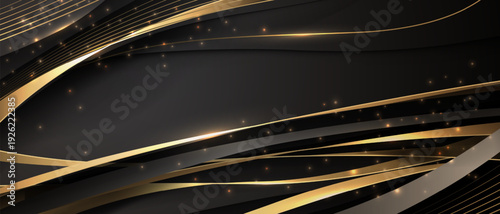 Abstract black luxury background with golden ribbon glitter elements and decoration design modern vector