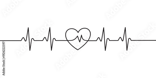 Minimalist black line drawing of a heart beat pulse and a heart symbol on a white background. Vector, illustration