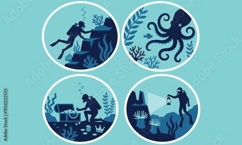 Underwater adventure scuba diver collection, ocean exploration scenes featuring octopus treasure chest and deep sea discovery, vector marine illustration set for diving concept