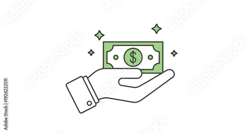 Hand holding a banknote with a dollar sign surrounded by sparkles in a simple illustration