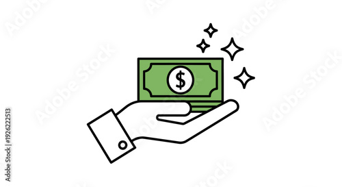 Hand holding a stack of dollar bills with sparkles illustration from a straightforward view