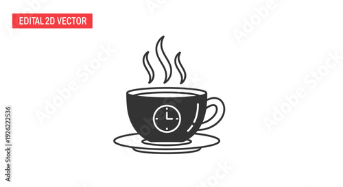 Steaming cup of coffee with clock symbol on a saucer viewed from the front