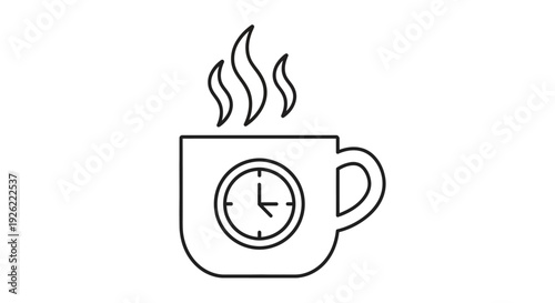 A steaming cup of coffee with a clock on it viewed from the front