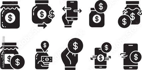 Financial icons for money and banking transactions on white background