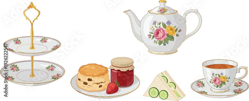 Illustration of Elegant Floral Tea Set with Teapot Cup Saucer Sandwiches on Tiered Stand