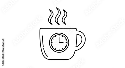A steaming cup with a clock face on it, symbolizing time and beverage, viewed from the front