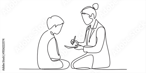 Single line drawing of a woman in a suit sitting with a boy and writing on a clipboard for assessment. Vector, illustration