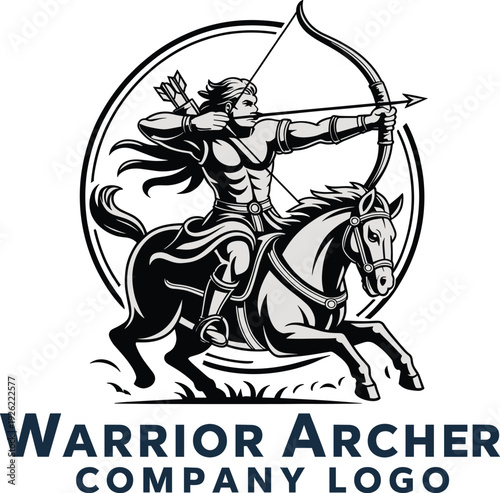 Warrior archer logo design, medieval horseman with bow and arrow emblem for company branding, vintage black and white knight mascot vector illustration