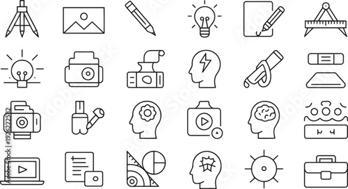 Collection of hand drawn simple line art icons isolated on transparent background