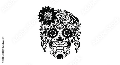 Intricate black and white skull art with floral embellishments, symbolizing celebration and remembrance.