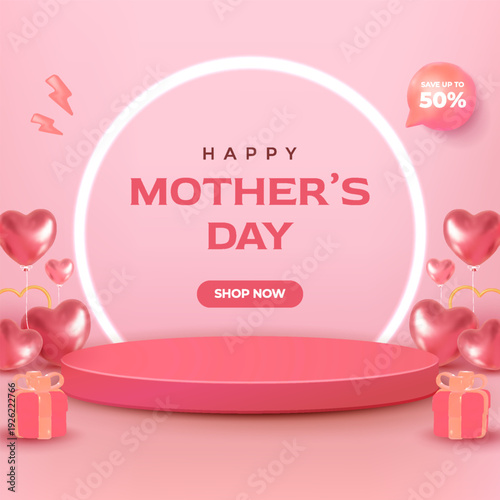 Happy Mothers Day Sale Promotion 3D Product Display Pink Background