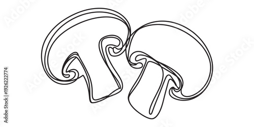 Simple black and white line drawing of two sliced button mushrooms on a white background. Vector, illustration