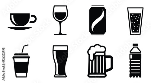 Variety of Beverages in Black and White, Vector Illustration Featuring Coffee, Wine, Soda, Editable Graphics Perfect for Cafes