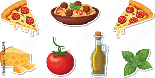 Colorful Flat Design Pizza and Italian Ingredients Set Vector Illustration