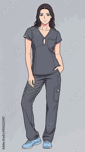 A woman is dressed in dark scrubs and blue shoes. She stands with her hands in her pockets in a casual setting.