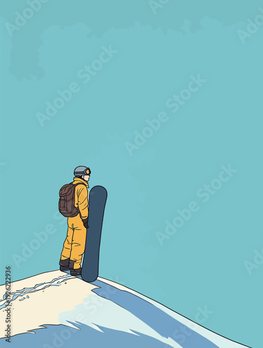 A person wearing a yellow outfit stands on a snowy slope holding a snowboard while gazing at the blue sky above.