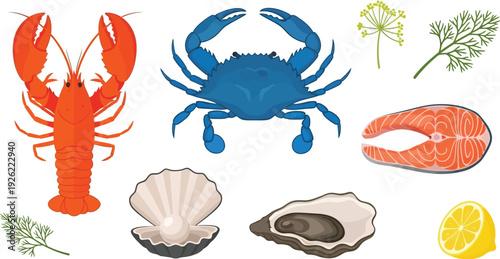 Colorful Seafood Illustration Including Lobster Crab Scallops Fish Eggs