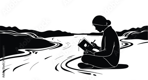 Woman journaling by a serene river, capturing thoughts in a peaceful outdoor setting.