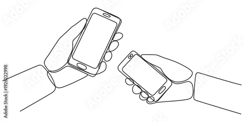 Line drawing of two hands holding smartphones and pointing them towards each other in a gesture. Vector, illustration