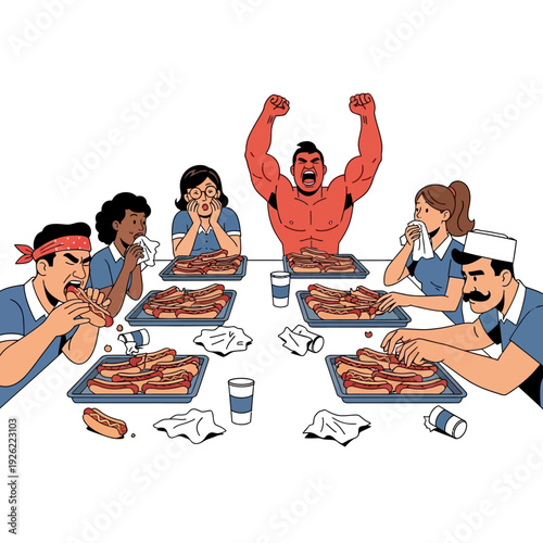 Competitive Eating Contest: People Devouring Hot Dogs at Table