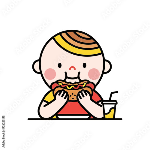 Cute child happily eating a jumbo hot dog with mustard and ketchup, isolated.