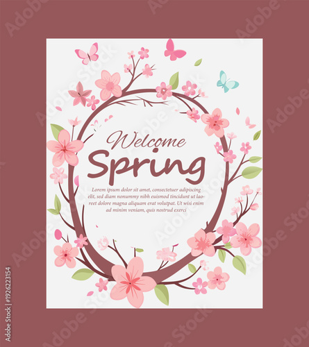 A beautiful illustration celebrating the arrival of spring with a vibrant cherry blossom wreath and playful butterflies