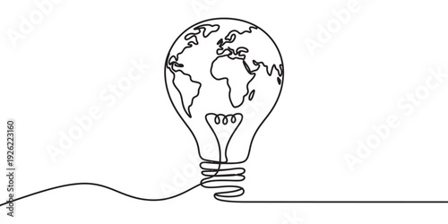 A continuous line drawing of a light bulb with the earth inside, representing global ideas and innovation. Vector, illustration