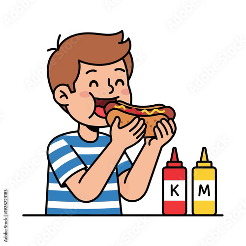 Happy boy eating a hot dog with ketchup and mustard, cartoon illustration