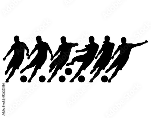 Set of Soccer Player Silhouettes in Action, Footballer Kicking Ball Sequences, Sports Motion Concept, Athlete Training and Competition Elements Vector Illustration Isolated on White