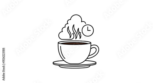 A steaming cup of coffee on a saucer viewed from the side with rising vapors and a clock in the background
