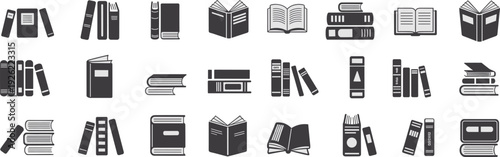 Book icons collection, open book, closed book, stacked books, upright books, leaning books, spine labels, minimal design, education, library, vector illustration