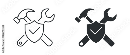 Tool protection icon set, maintenance service shield symbol, repair security sign, handyman support vector illustration