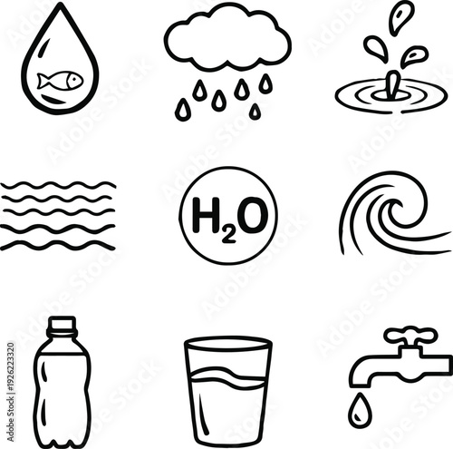 water icon set droplet fish rain splash wave bottle glass tap
