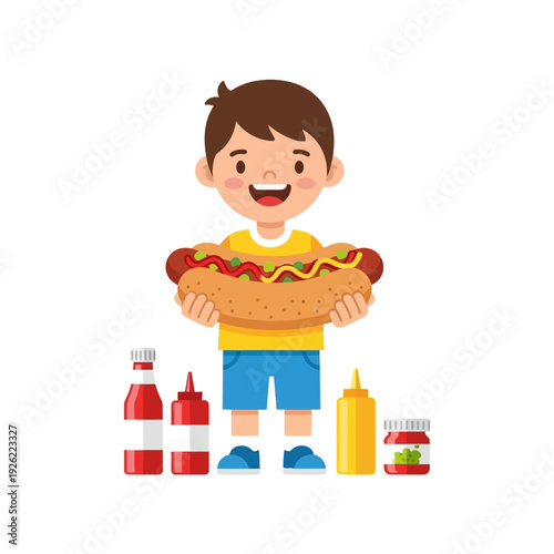 Happy Boy Holding Big Hot Dog with Condiments, Vector Illustration